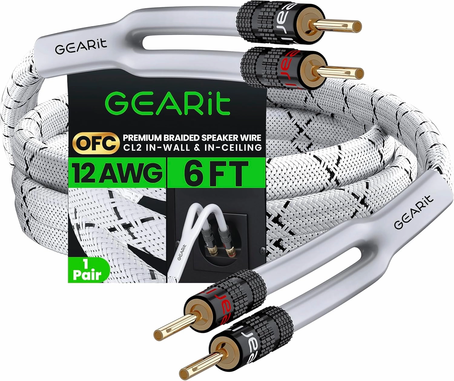 GearIT 12AWG Premium Heavy Duty Braided Speaker Wire (6 Feet) with Dual Gold Plated Banana Plug Tips - Oxygen-Free Copper (OFC) Construction, White speaker cable,audio wire,hi-fi speaker cord,