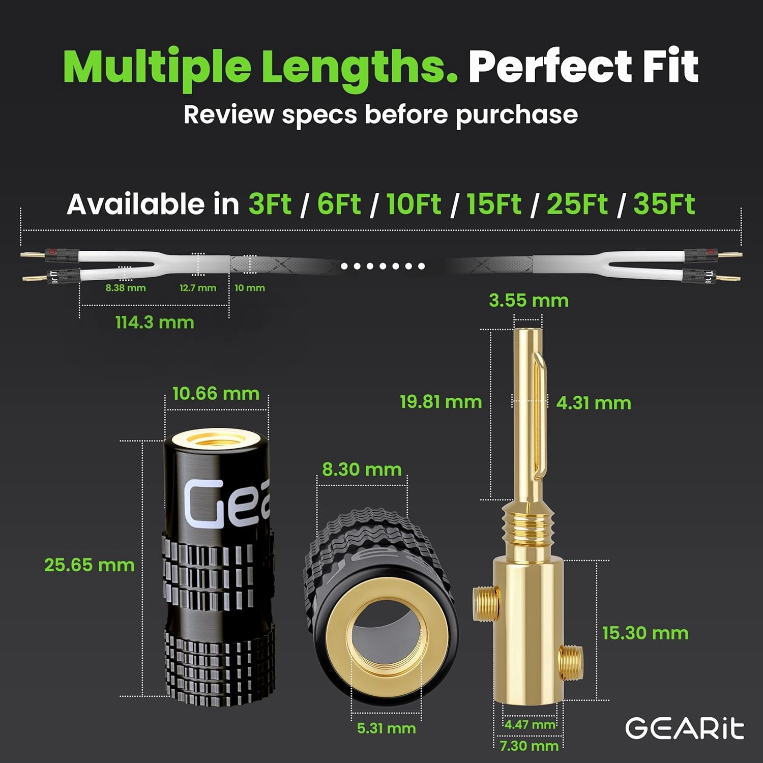 GearIT 12AWG Premium Heavy Duty Braided Speaker Wire (6 Feet) with Dual Gold Plated Banana Plug Tips - Oxygen-Free Copper (OFC) Construction, White