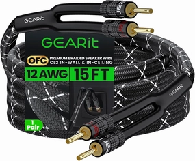GearIT 12AWG Speaker Cable Wire with Gold-Plated Banana Tip Plugs (15 Feet) In-Wall CL2 Rated, Heavy Duty Braided, 99.9% Oxygen-Free Copper (OFC) - Black, 15ft speaker cable,audio wire,hi-fi speaker cord,