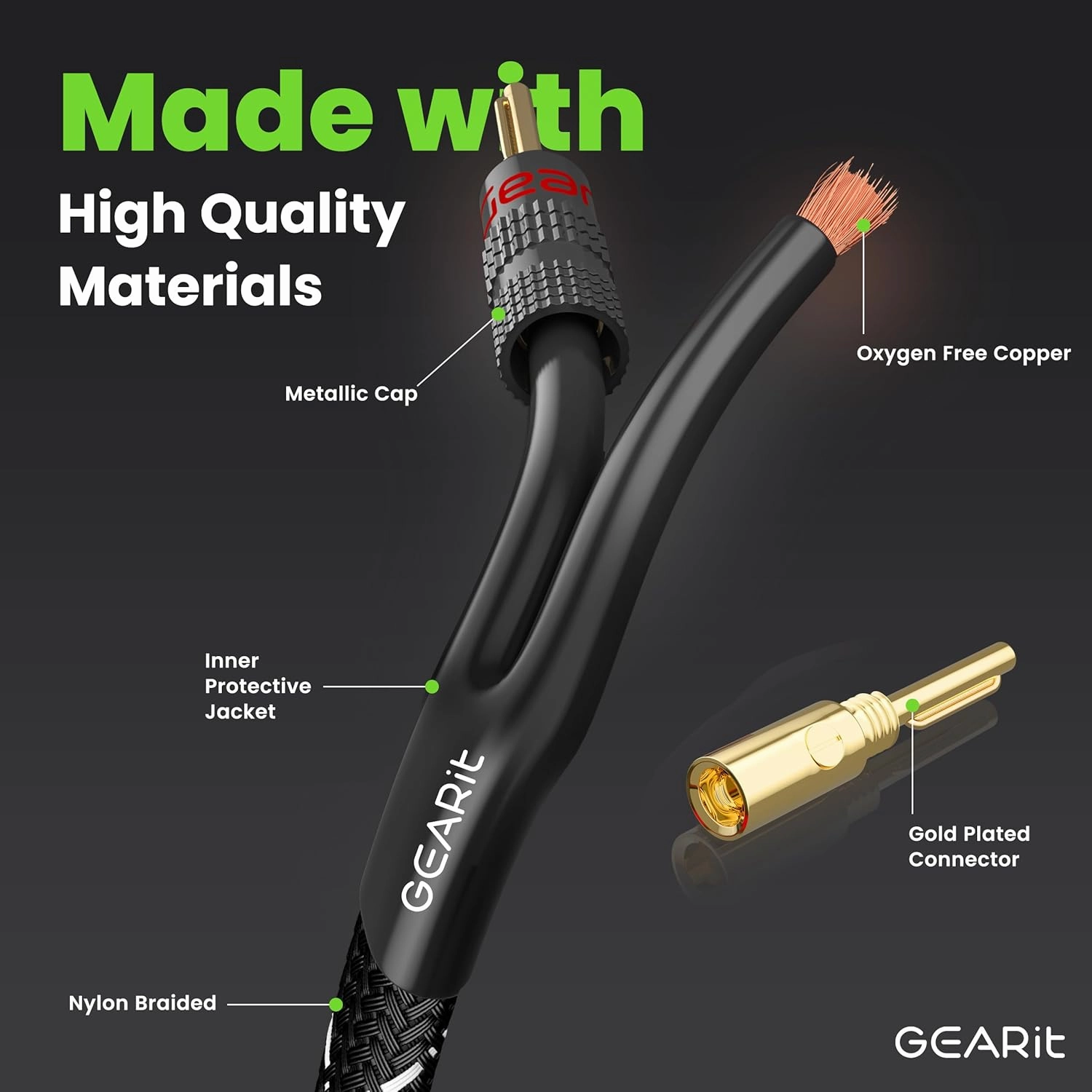 GearIT 12AWG Speaker Cable Wire with Gold-Plated Banana Tip Plugs (15 Feet) In-Wall CL2 Rated, Heavy Duty Braided, 99.9% Oxygen-Free Copper (OFC) - Black, 15ft