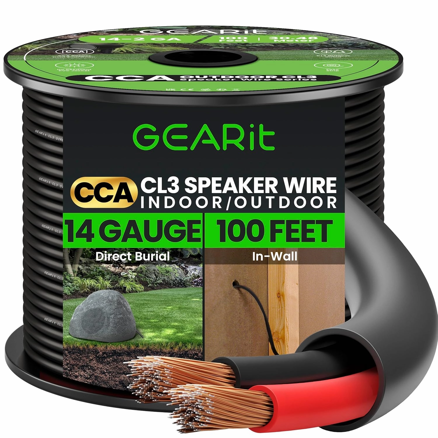 GEARit 14/2 Speaker Wire (100 Feet) 14 Gauge (Copper Clad Aluminum) - Outdoor Direct Burial in Ground/in Wall / CL3 CL2 Rated / 2 Conductors - CCA, Black 100ft speaker cable,audio wire,hi-fi speaker cord,