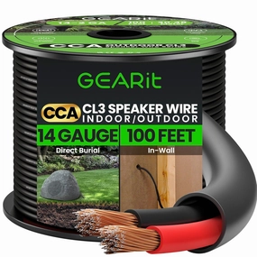 GEARit 14/2 Speaker Wire (100 Feet) 14 Gauge (Copper Clad Aluminum) - Outdoor Direct Burial in Ground/in Wall / CL3 CL2 Rated / 2 Conductors - CCA, Black 100ft speaker cable,audio wire,hi-fi speaker cord,