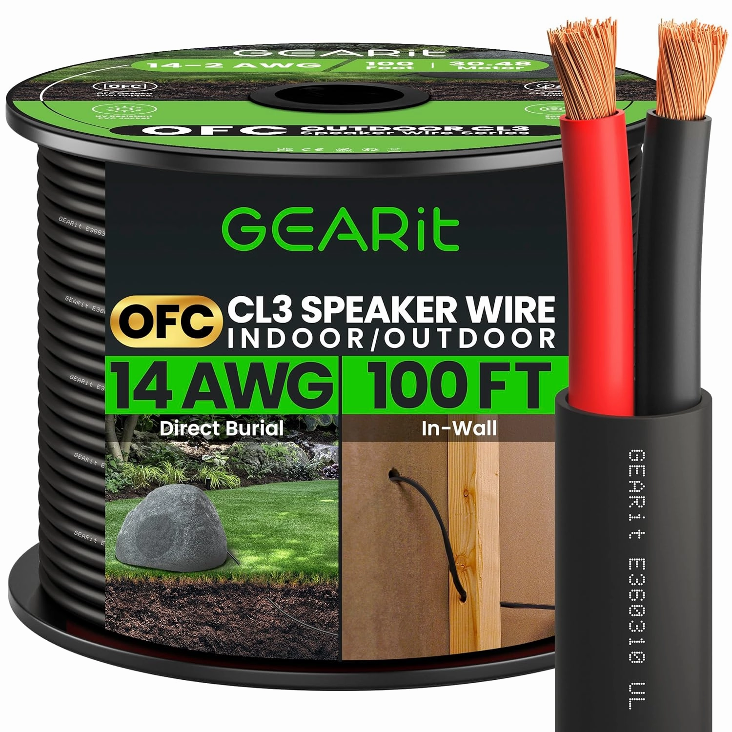 GearIT 14/2 Speaker Wire (100 Feet) 14AWG Gauge - Outdoor Direct Burial in Ground/in Wall / CL3 CL2 Rated / 2 Conductors - OFC Oxygen-Free Copper, Black 100ft speaker cable,audio wire,hi-fi speaker cord,