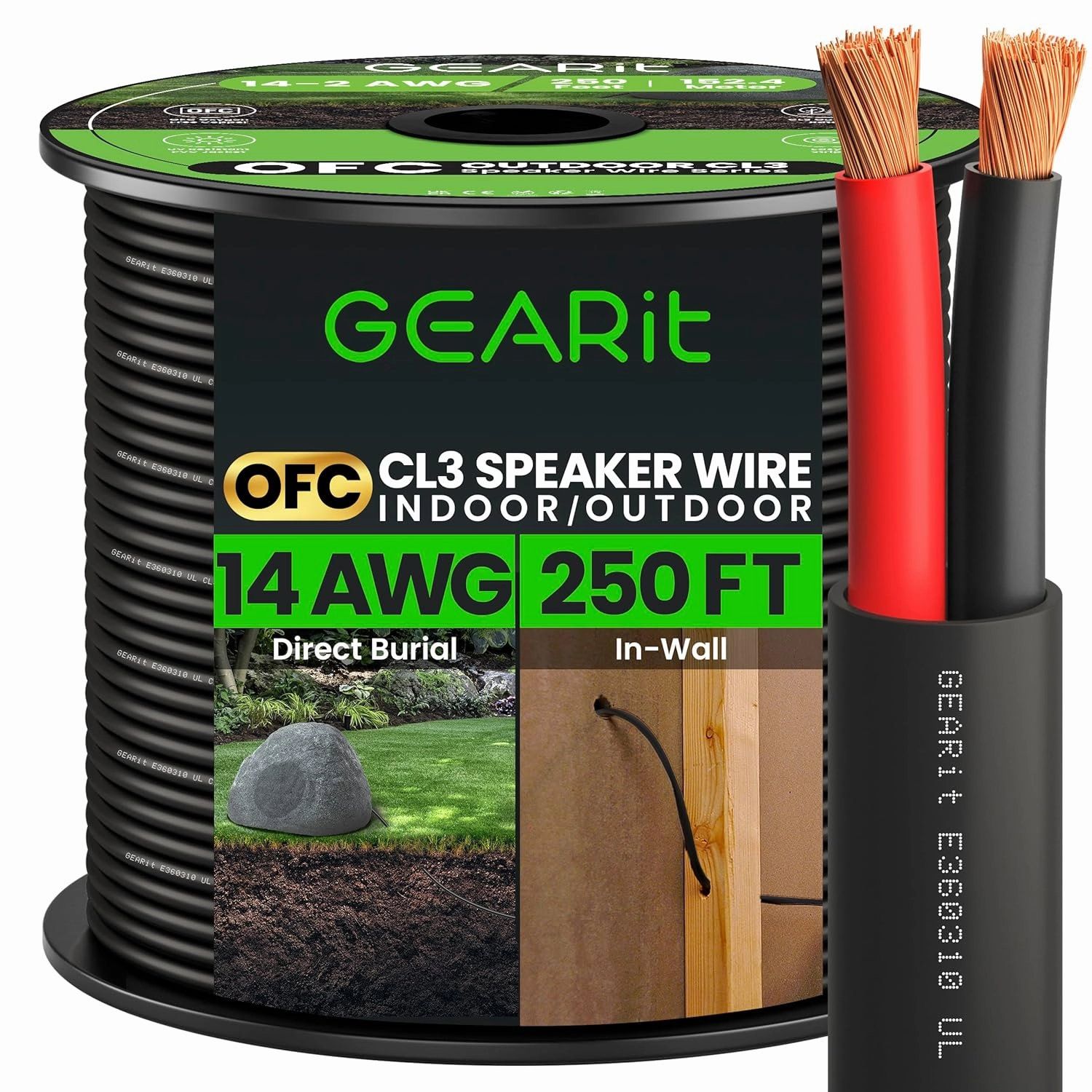 GearIT 14/2 Speaker Wire (250 Feet) 14AWG Gauge - Outdoor Direct Burial in Ground/in Wall / CL3 CL2 Rated / 2 Conductors - OFC Oxygen-Free Copper, Black 250ft speaker cable,audio wire,hi-fi speaker cord,