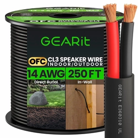 GearIT 14/2 Speaker Wire (250 Feet) 14AWG Gauge - Outdoor Direct Burial in Ground/in Wall / CL3 CL2 Rated / 2 Conductors - OFC Oxygen-Free Copper, Black 250ft speaker cable,audio wire,hi-fi speaker cord,