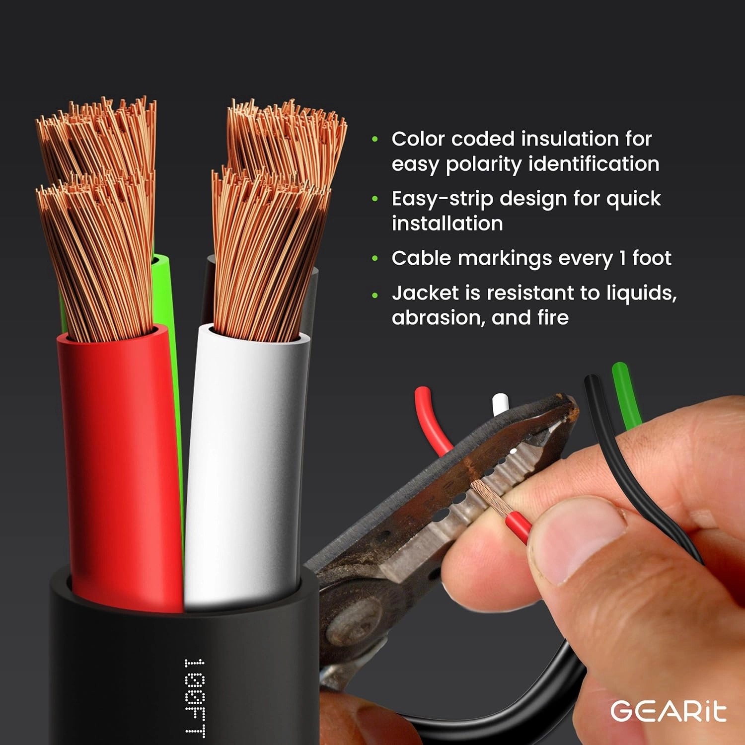 GEARit 14/4 Speaker Wire (20 Feet) 14AWG Gauge, Black 4-Conductors/Outdoor Direct Burial in Ground/in Wall / CL3 CL2 Rated - OFC Oxygen-Free Copper, Black 20ft