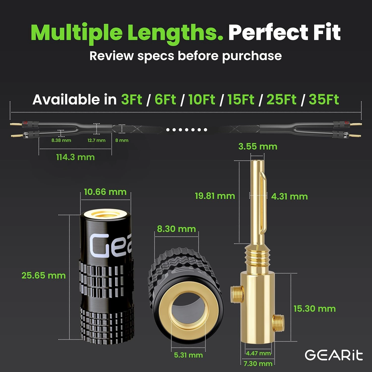 GearIT 14AWG Premium Heavy Duty Braided Speaker Wire Cable (6 Feet) Dual Gold Plated Banana Plug Tips - in-Wall CL2 - Oxygen-Free Copper (OFC) Black