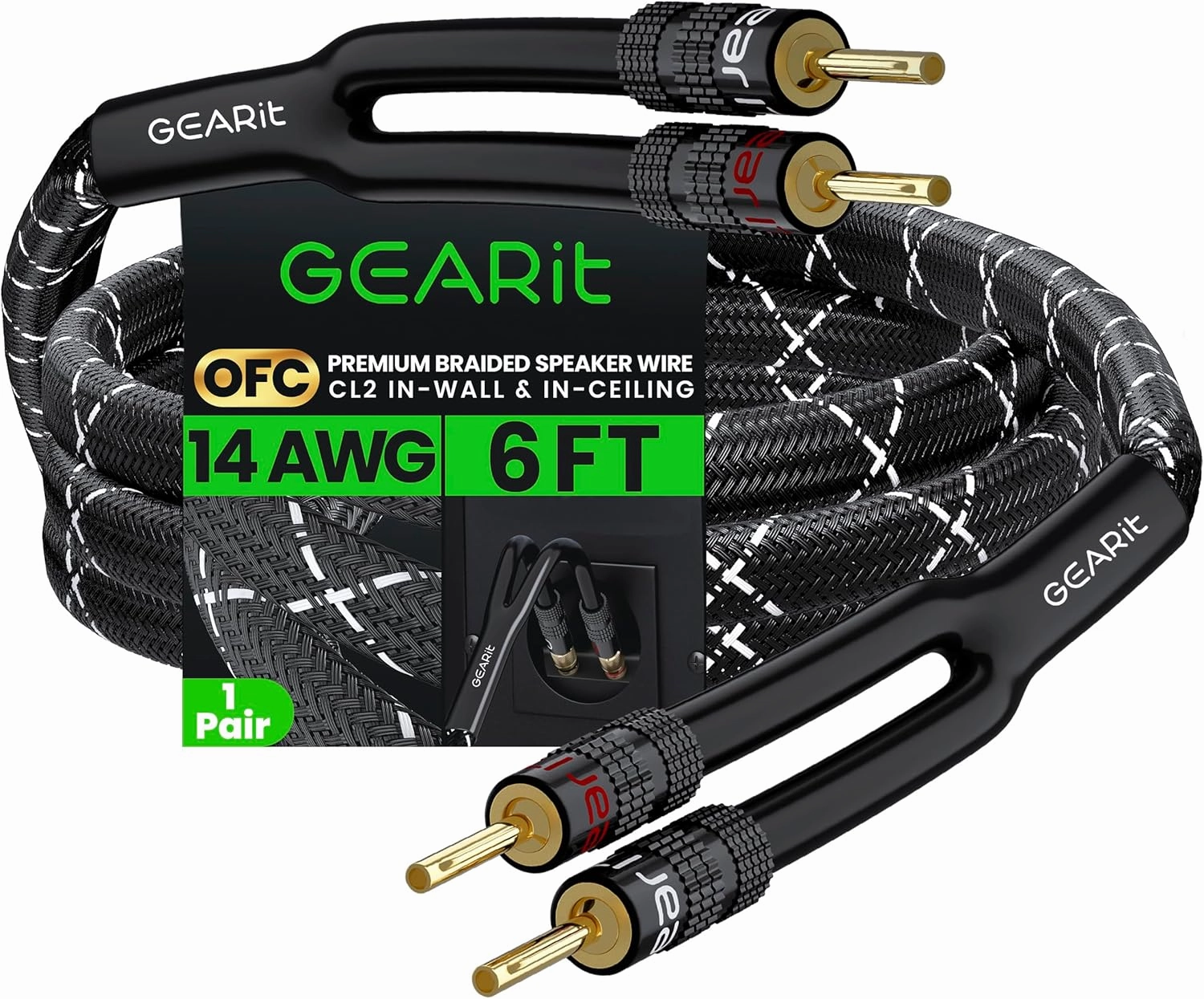 GearIT 14AWG Premium Heavy Duty Braided Speaker Wire Cable (6 Feet) Dual Gold Plated Banana Plug Tips - in-Wall CL2 - Oxygen-Free Copper (OFC) Black speaker cable,audio wire,hi-fi speaker cord,