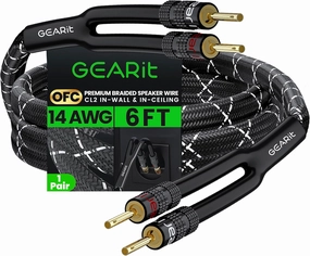 GearIT 14AWG Premium Heavy Duty Braided Speaker Wire Cable (6 Feet) Dual Gold Plated Banana Plug Tips - in-Wall CL2 - Oxygen-Free Copper (OFC) Black speaker cable,audio wire,hi-fi speaker cord,