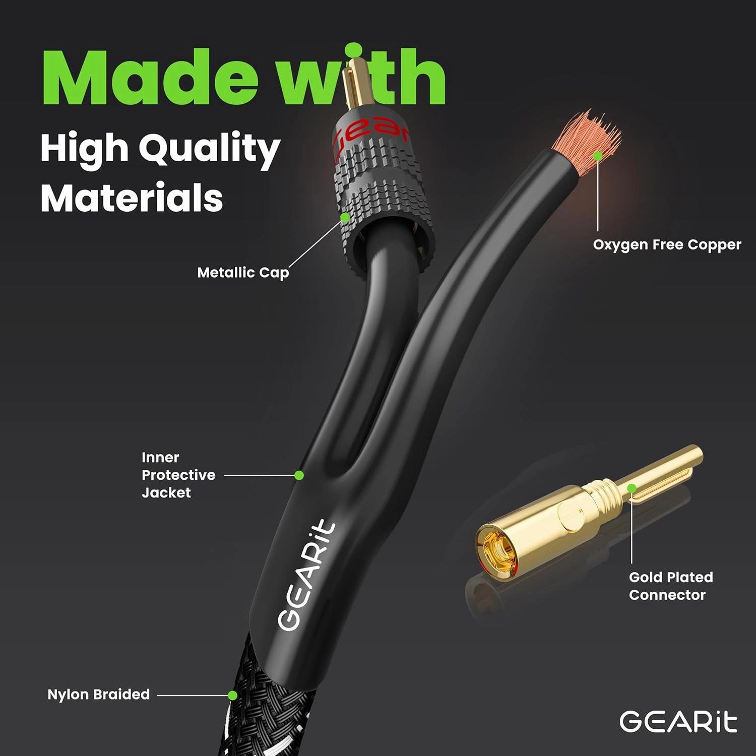 GearIT 14AWG Premium Heavy Duty Braided Speaker Wire Cable (6 Feet) Dual Gold Plated Banana Plug Tips - in-Wall CL2 - Oxygen-Free Copper (OFC) Black