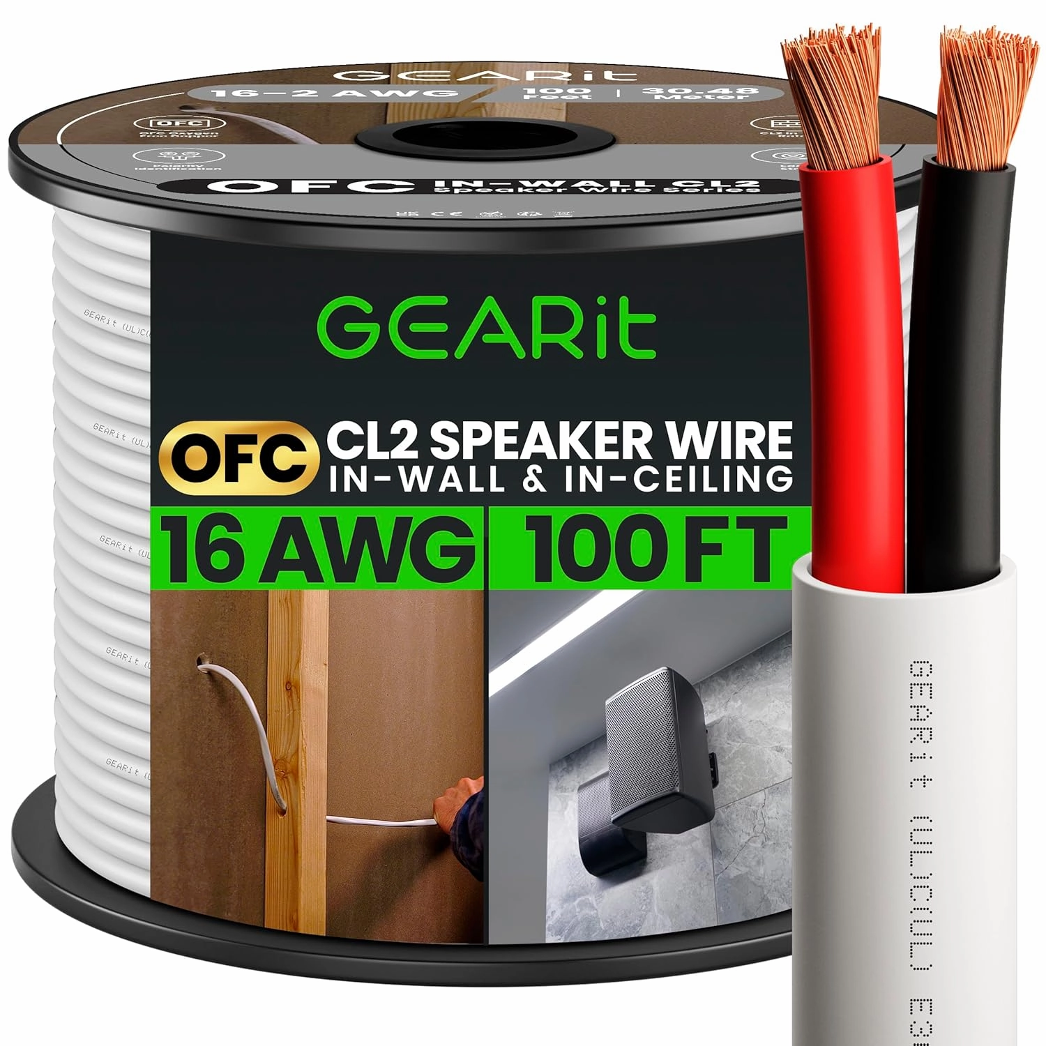 GearIT 16/2 Speaker Wire (100 Feet) 16AWG Gauge - in Wall Audio Speaker Wire Cable / CL2 Rated / 2 Conductors - OFC Oxygen-Free Copper, White 100ft speaker cable,audio wire,hi-fi speaker cord,