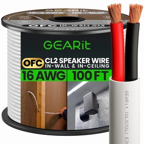 GearIT 16/2 Speaker Wire (100 Feet) 16AWG Gauge - in Wall Audio Speaker Wire Cable / CL2 Rated / 2 Conductors - OFC Oxygen-Free Copper, White 100ft speaker cable,audio wire,hi-fi speaker cord,