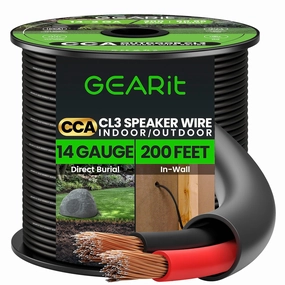 GearIT Outdoor Speaker Wire CCA 2x2.5mm (60.96 Meters - Black) Copper Clad Aluminum - Hi-Fi Audio Cable for Direct Burial in Ground/in Wall / CL3 CL2 Rated / 2-Conductors - 14 Gauge AWG, 200 Feet wireless speakers,portable Bluetooth speaker,multiroom speak