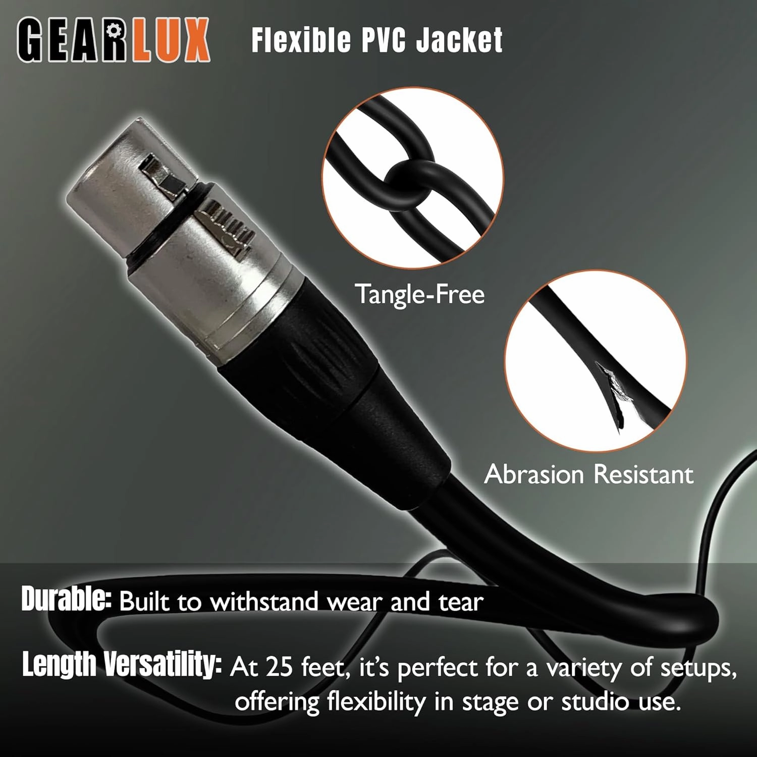 Gearlux XLR Microphone Cable, Fully Balanced, Male to Female, 25 Feet - 2 Pack