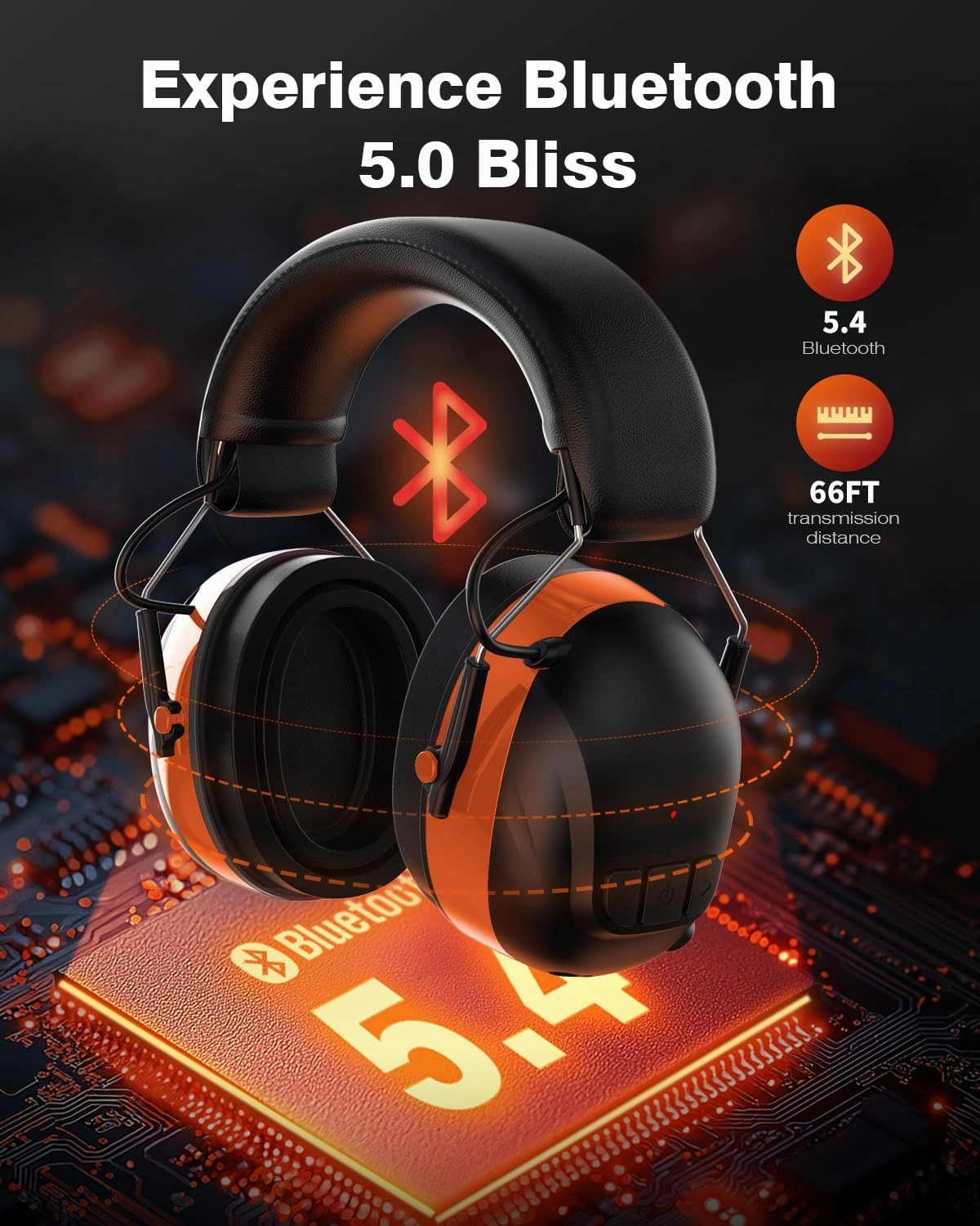 Gel Cushions Ear Muffs, Bluetooth 5.4 Hearing Protection Headphones with 1200mAh Battery, 120H Working Time, 30dB SNR, Larger Buttons for Easy Operation, Superior Stereo Sound Quality