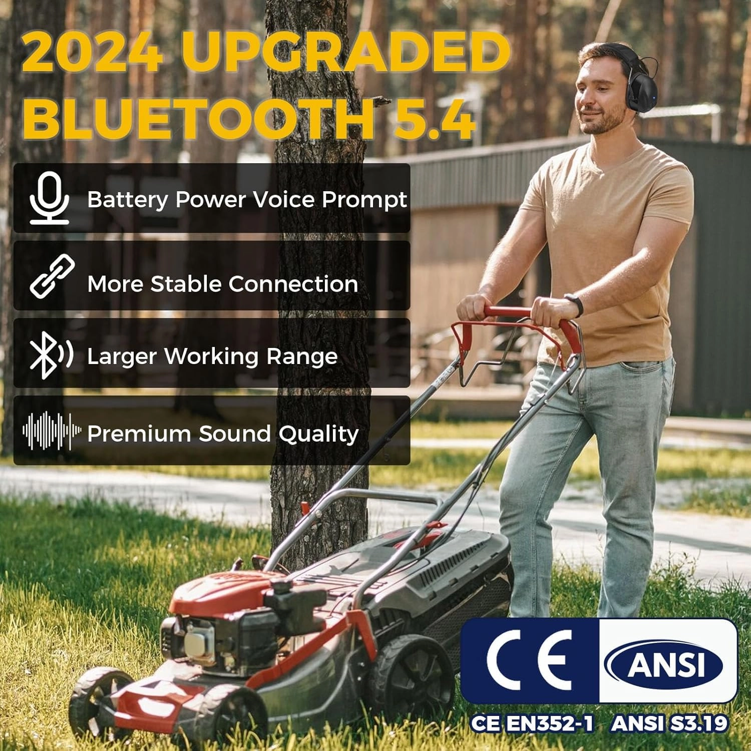 Gel Ear Pads Bluetooth 5.4 Hearing Protection Headphones, 30dB Noise Cancelling Headphones, 1200mAh Rechargeable Safety Earmuffs Bluetooth Ear Protection for Mowing