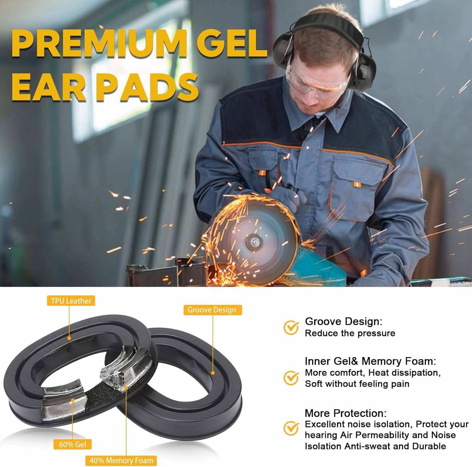 Gel Ear Pads Bluetooth 5.4 Hearing Protection Headphones, 30dB Noise Cancelling Headphones, 1200mAh Rechargeable Safety Earmuffs Bluetooth Ear Protection for Mowing