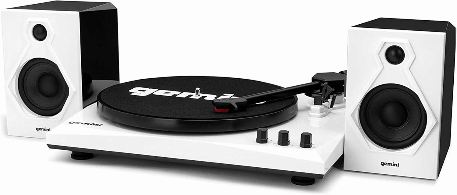 Gemini Sound TT-900-3-Speed Turntable with Bluetooth, 2-Way Stereo Speakers, and Pitch Adjustment (White) belt-drive turntable,vinyl record player,audiophile turntable,