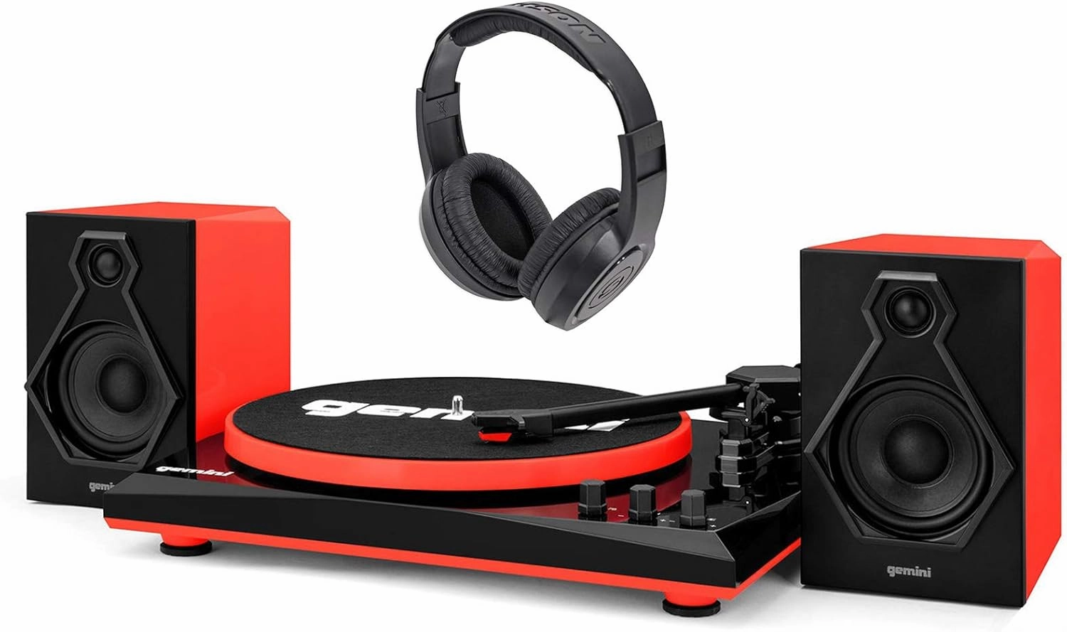 Gemini TT-900 Vinyl Record Player Turntable w/BluetoothwithDual Speakers TT-900BR Bundle with Samson SR350 Over Ear Closed Back Studio Reference Monitoring Stereo Headphones reference headphones,neutral sound headphones,monitor headphones,
