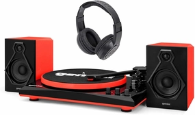 Gemini TT-900 Vinyl Record Player Turntable w/BluetoothwithDual Speakers TT-900BR Bundle with Samson SR350 Over Ear Closed Back Studio Reference Monitoring Stereo Headphones reference headphones,neutral sound headphones,monitor headphones,