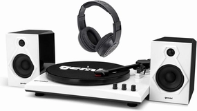 Gemini TT-900 Vinyl Record Player Turntable w/BluetoothwithDual Speakers TT-900BW Bundle with Samson SR350 Over Ear Closed Back Studio Reference Monitoring Stereo Headphones reference headphones,neutral sound headphones,monitor headphones,
