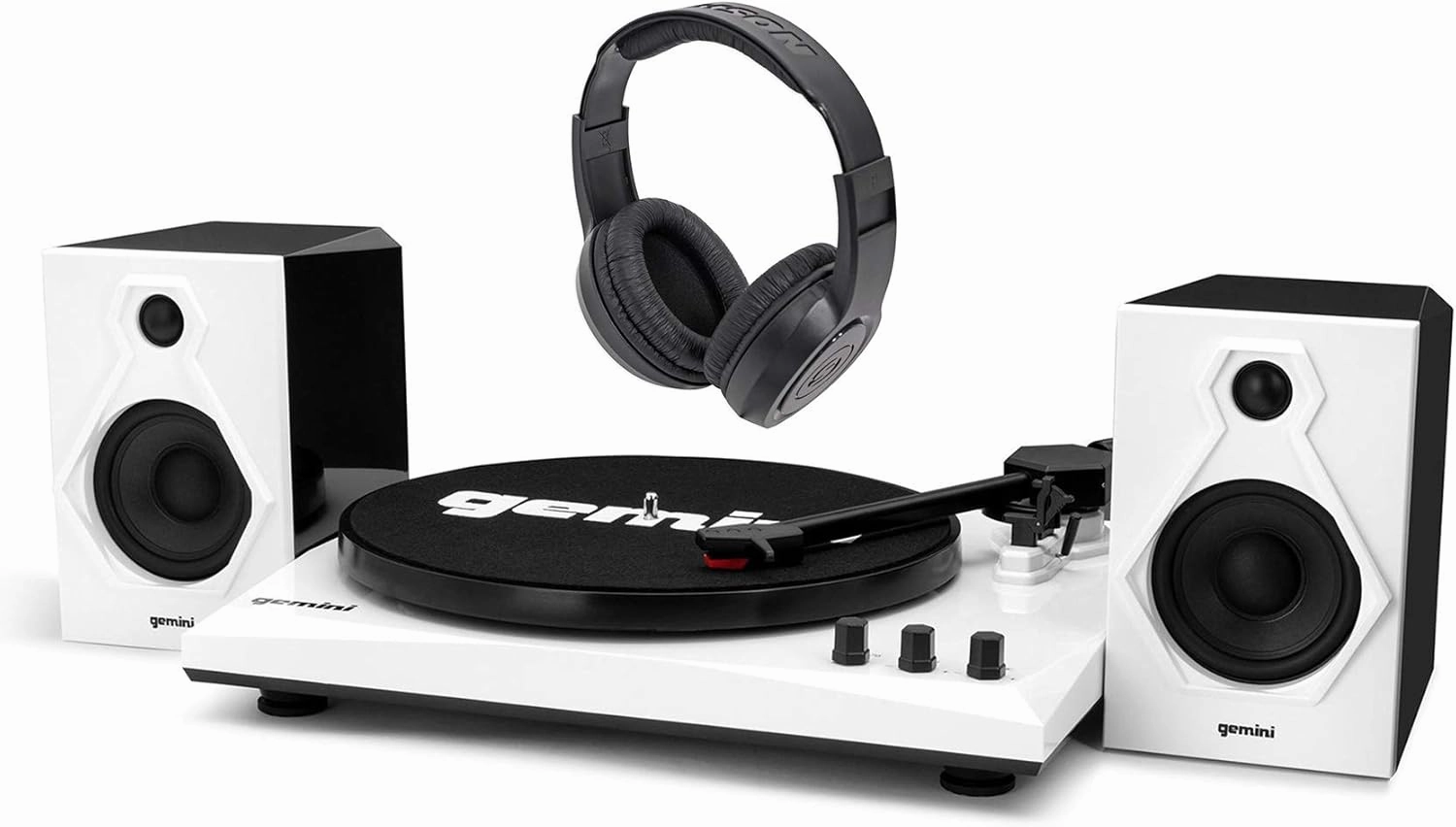 Gemini TT-900 Vinyl Record Player Turntable w/BluetoothwithDual Speakers TT-900BW Bundle with Samson SR350 Over Ear Closed Back Studio Reference Monitoring Stereo Headphones reference headphones,neutral sound headphones,monitor headphones,