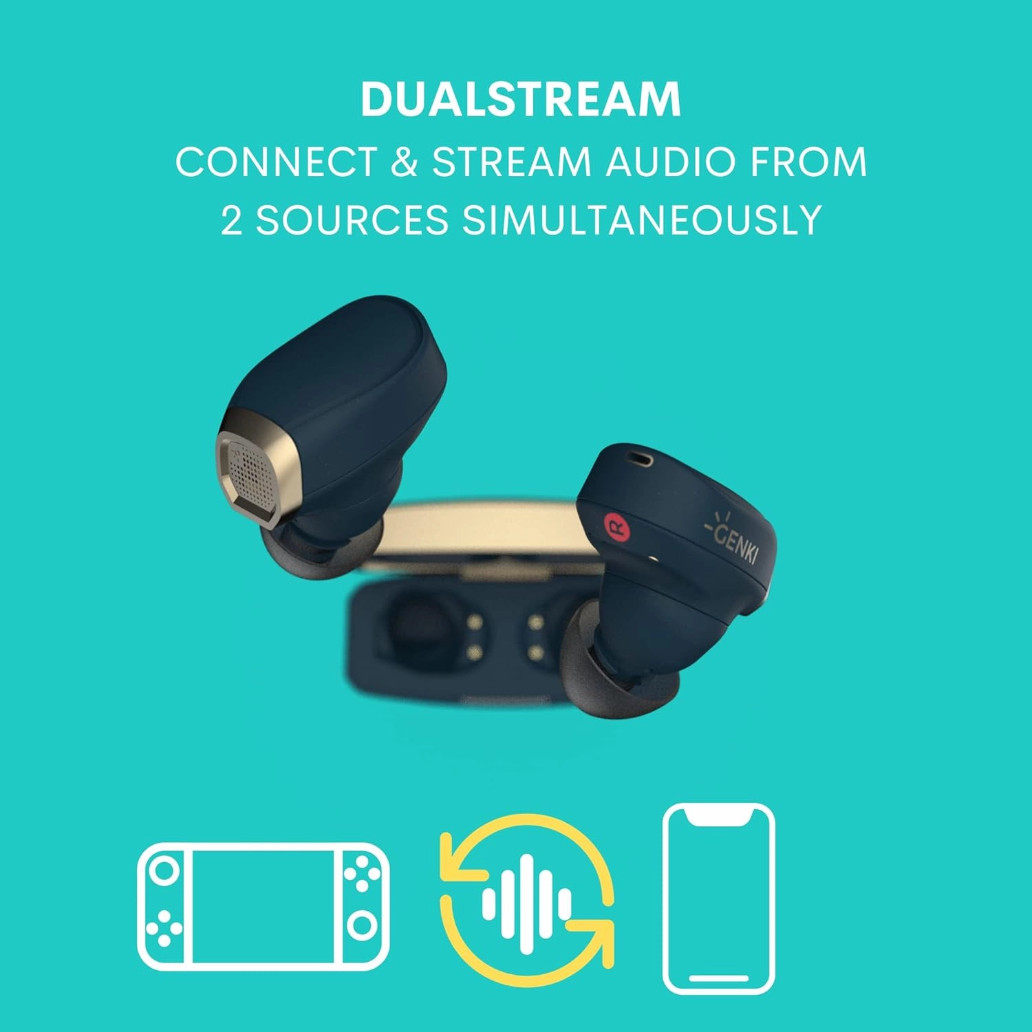 Genki Waveform Earbuds - Bridges Blue - DualStream Mix 2 Audio Sources - Low Latency Bluetooth 5.3 aptX Adaptive 50ms Noise Cancellation Wireless Gaming Earbuds with Microphone for Android and Iphone