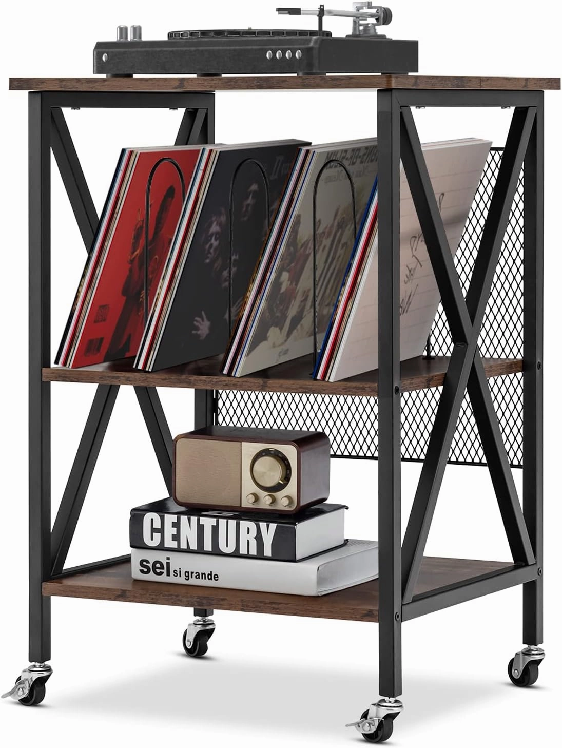 Giantex Record Player Stand, Vinyl Record Storage Table w/ 3 M-Shaped Dividers & 4 Rolling Wheels, Turntable Stand Holds Up to 250 Albums for Living Room, Office, Rustic Brown