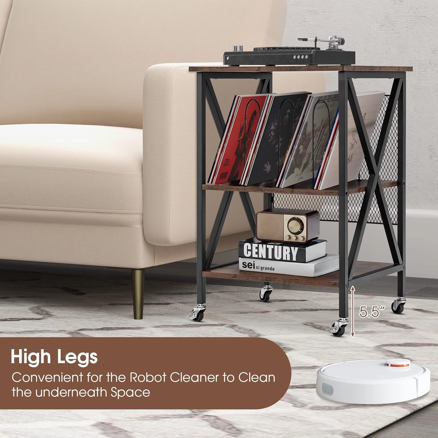 Giantex Record Player Stand, Vinyl Record Storage Table w/ 3 M-Shaped Dividers & 4 Rolling Wheels, Turntable Stand Holds Up to 250 Albums for Living Room, Office, Rustic Brown