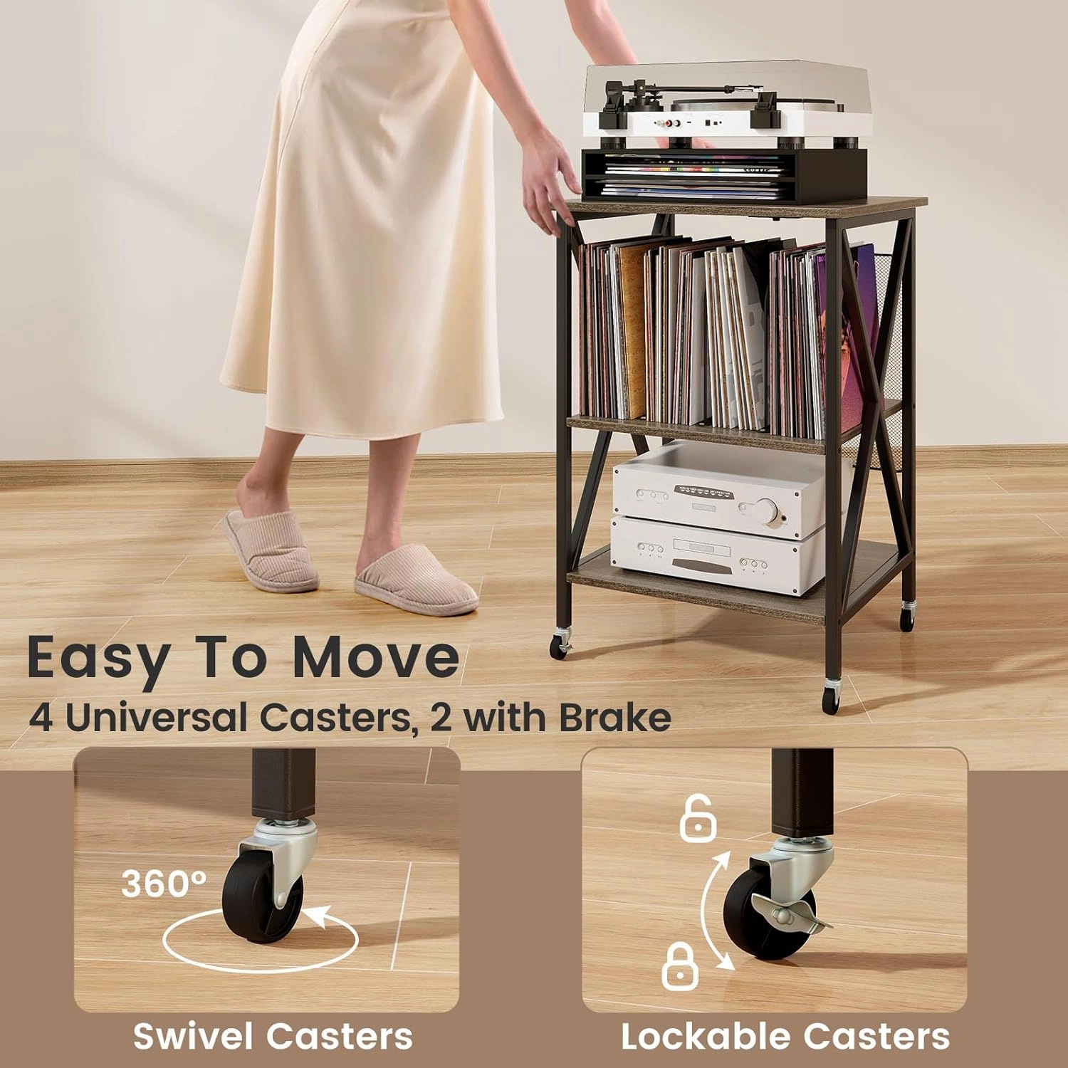 Giantex Record Player Stand with Charging Station, Turntable Stand with Record Storage & 4 Rolling Wheels, Vinyl Record Storage Table up to 250 Albums for Living Room, Bedroom (Grey Oak)