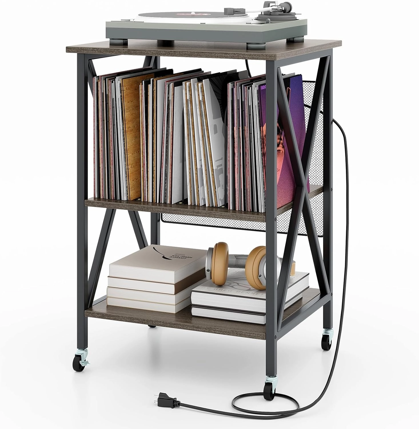 Giantex Record Player Stand with Charging Station, Turntable Stand with Record Storage & 4 Rolling Wheels, Vinyl Record Storage Table up to 250 Albums for Living Room, Bedroom (Grey Oak) vinyl storage,record holder,LP organizer,