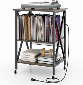Giantex Record Player Stand with Charging Station, Turntable Stand with Record Storage & 4 Rolling Wheels, Vinyl Record Storage Table up to 250 Albums for Living Room, Bedroom (Grey Oak) vinyl storage,record holder,LP organizer,