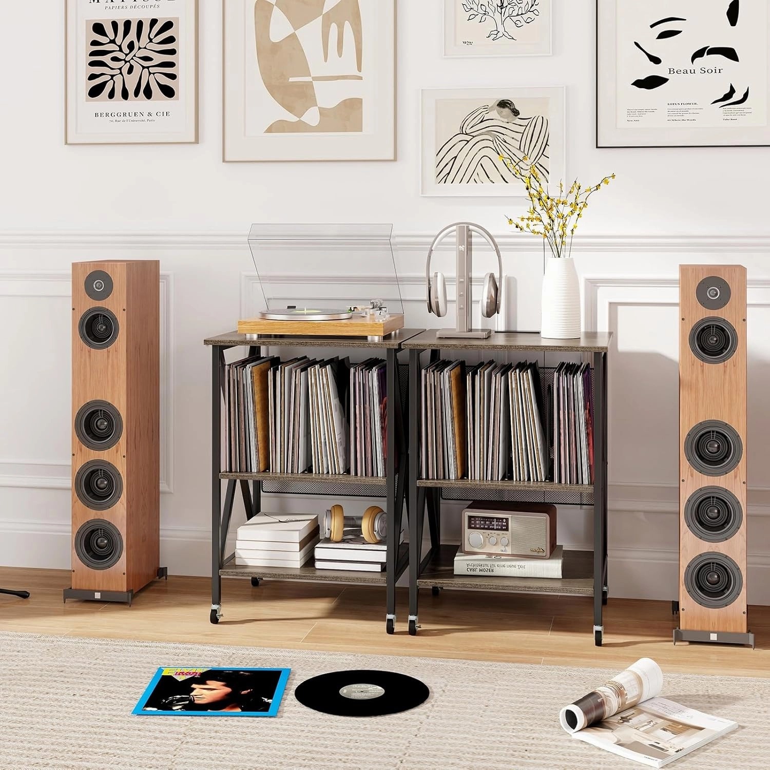 Giantex Record Player Stand with Charging Station, Turntable Stand with Record Storage & 4 Rolling Wheels, Vinyl Record Storage Table up to 250 Albums for Living Room, Bedroom (Grey Oak)