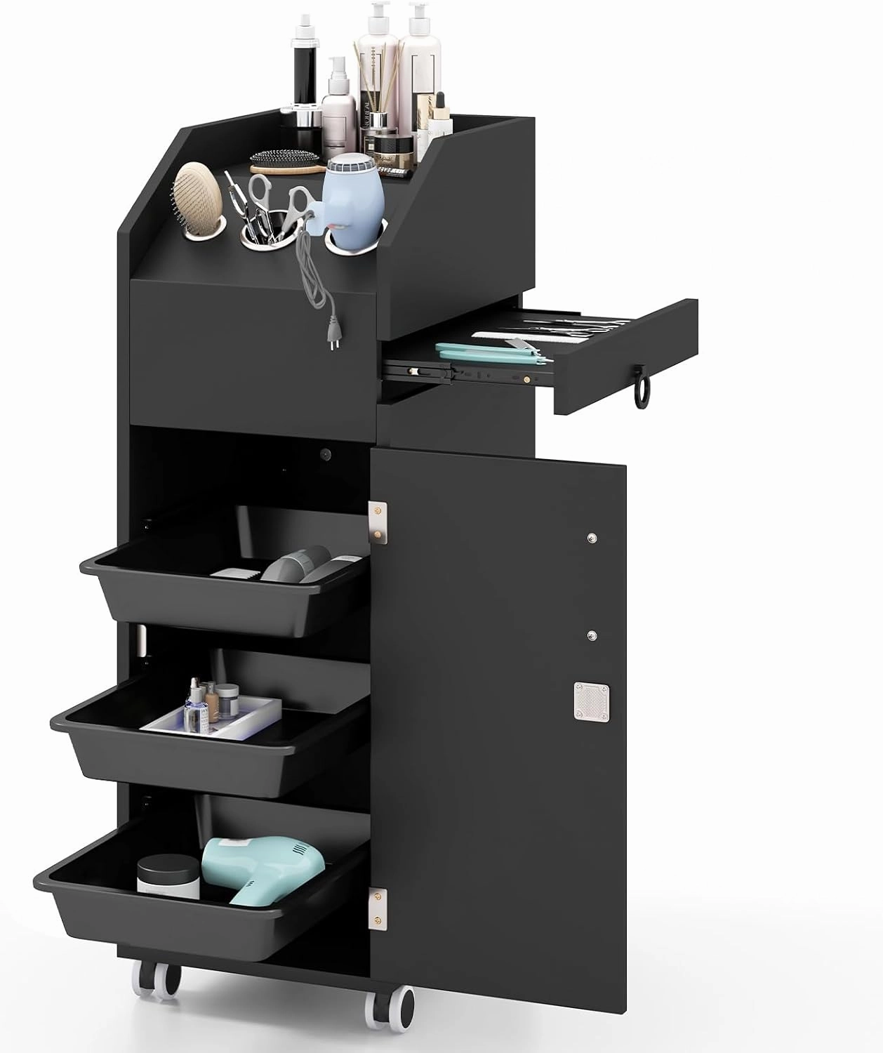 Giantex Salon Cart for Hair Stylists, Lockable Wood Trolley Cart on Wheels, 3-Drawer Storage Cabinet, Side Tool Tray, Hair Dryer Holders, Rolling Salon Station for Beauty Spa Barber Tattoo equipment cabinet,AV gear cabinet,component enclosure,
