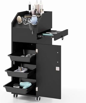 Giantex Salon Cart for Hair Stylists, Lockable Wood Trolley Cart on Wheels, 3-Drawer Storage Cabinet, Side Tool Tray, Hair Dryer Holders, Rolling Salon Station for Beauty Spa Barber Tattoo equipment cabinet,AV gear cabinet,component enclosure,