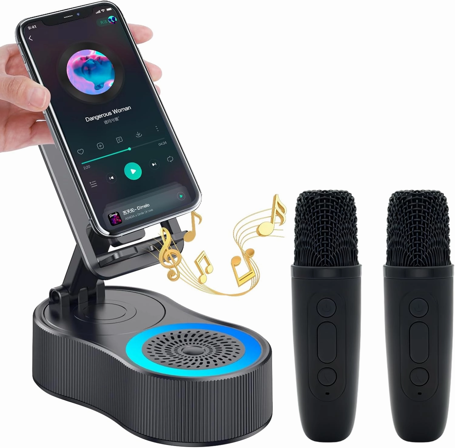 Gifts for Men Women,Cell Phone Stand with Wireless Bluetooth Speaker,Colorful Ambient Light 360 Foldable for Tablet iPhone Android 2 Wireless Microphones HD Surround Sound (Black) floorstanding speakers,tower speakers,stereo floor speakers,