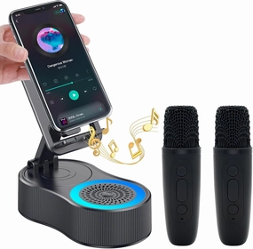 Gifts for Men Women,Cell Phone Stand with Wireless Bluetooth Speaker,Colorful Ambient Light 360 Foldable for Tablet iPhone Android 2 Wireless Microphones HD Surround Sound (Black) floorstanding speakers,tower speakers,stereo floor speakers,