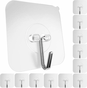 GLUIT Adhesive Wall Hooks for Hanging Heavy Duty 22 lbs Hooks for Walls No Damage, Towel Sticky Clear Hooks, Waterproof, Home, Bathroom, Kitchen, Office, and Outdoor 12 Pack speaker wall mount,audio bracket,AV wall mounting,