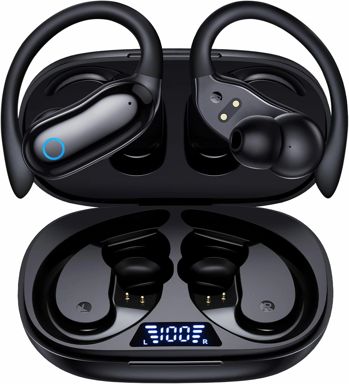 GNMN Ear Buds Wireless Earbuds 96hrs Playback Bluetooth Headphones IPX7 Waterproof Stereo Bass Over-Ear Earphones with Earhooks Microphone LED Battery Display for Sports/Workout/Gym/Running Black wireless earbuds,Bluetooth earphones,true wireless stereo,