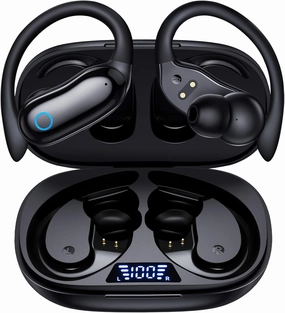 GNMN Ear Buds Wireless Earbuds 96hrs Playback Bluetooth Headphones IPX7 Waterproof Stereo Bass Over-Ear Earphones with Earhooks Microphone LED Battery Display for Sports/Workout/Gym/Running Black wireless earbuds,Bluetooth earphones,true wireless stereo,