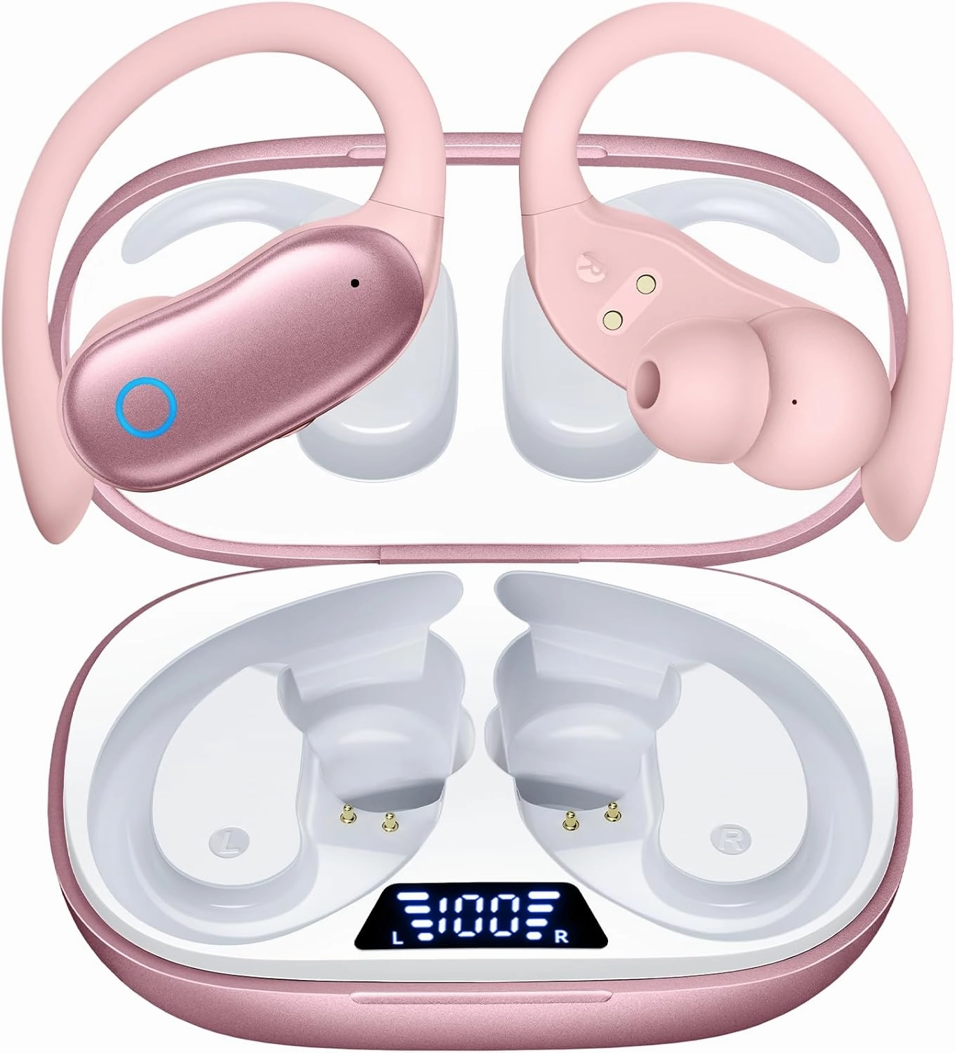 GNMN Ear Buds Wireless Earbuds 96hrs Playback Bluetooth Headphones IPX7 Waterproof Stereo Bass Over-Ear Earphones with Earhooks Microphone LED Battery Display for Sports/Workout/Gym/Running Rose Pink wireless earbuds,Bluetooth earphones,true wireless stere