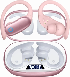 GNMN Ear Buds Wireless Earbuds 96hrs Playback Bluetooth Headphones IPX7 Waterproof Stereo Bass Over-Ear Earphones with Earhooks Microphone LED Battery Display for Sports/Workout/Gym/Running Rose Pink wireless earbuds,Bluetooth earphones,true wireless stere