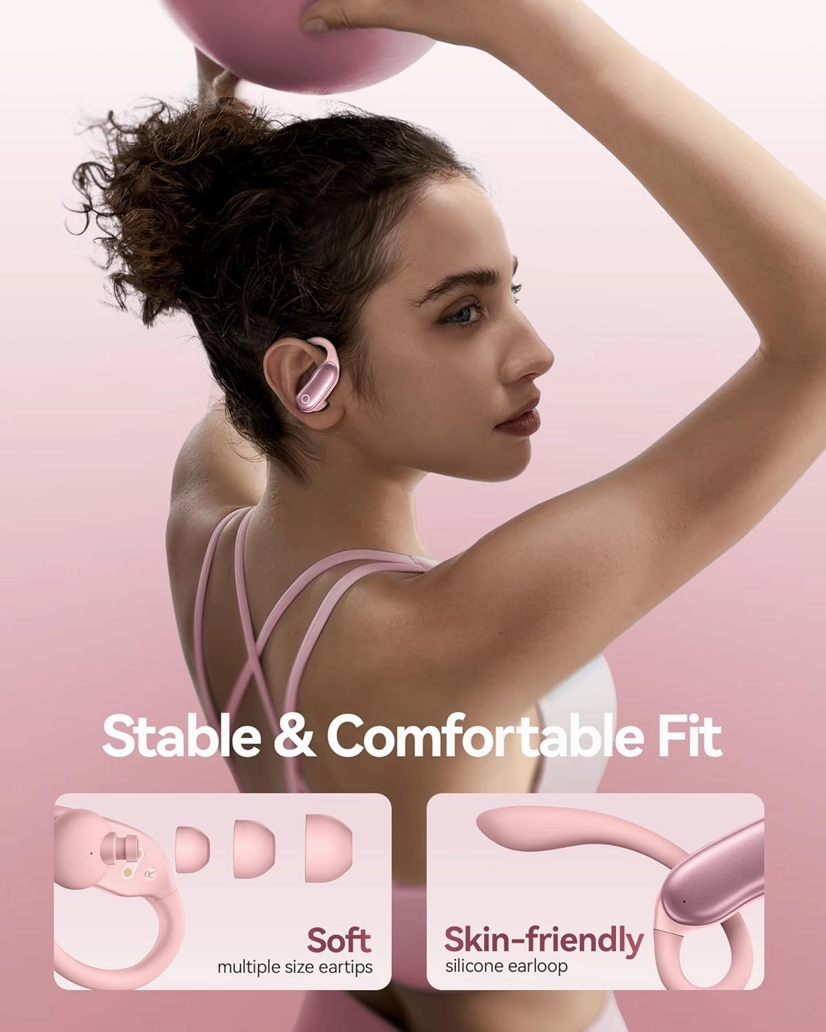 GNMN Ear Buds Wireless Earbuds 96hrs Playback Bluetooth Headphones IPX7 Waterproof Stereo Bass Over-Ear Earphones with Earhooks Microphone LED Battery Display for Sports/Workout/Gym/Running Rose Pink