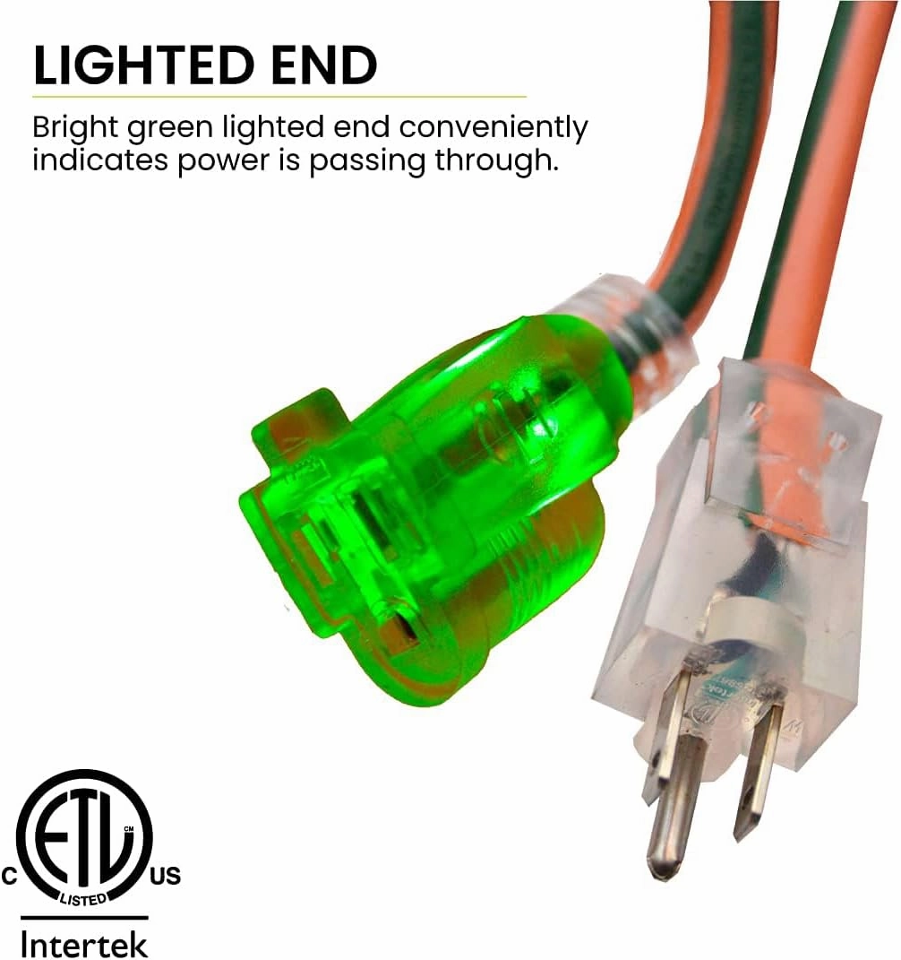 Go Green Power Inc. 16/3 25ft Outdoor Extension Cord with Lighted End - Contractor Grade, Durable, and Moisture Resistant - Ideal for Heavy Duty Tools - GG-13725