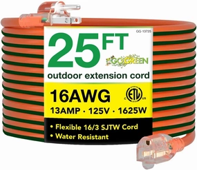 Go Green Power Inc. 16/3 25ft Outdoor Extension Cord with Lighted End - Contractor Grade, Durable, and Moisture Resistant - Ideal for Heavy Duty Tools - GG-13725 power cord,hi-fi power cable,AC power lead,