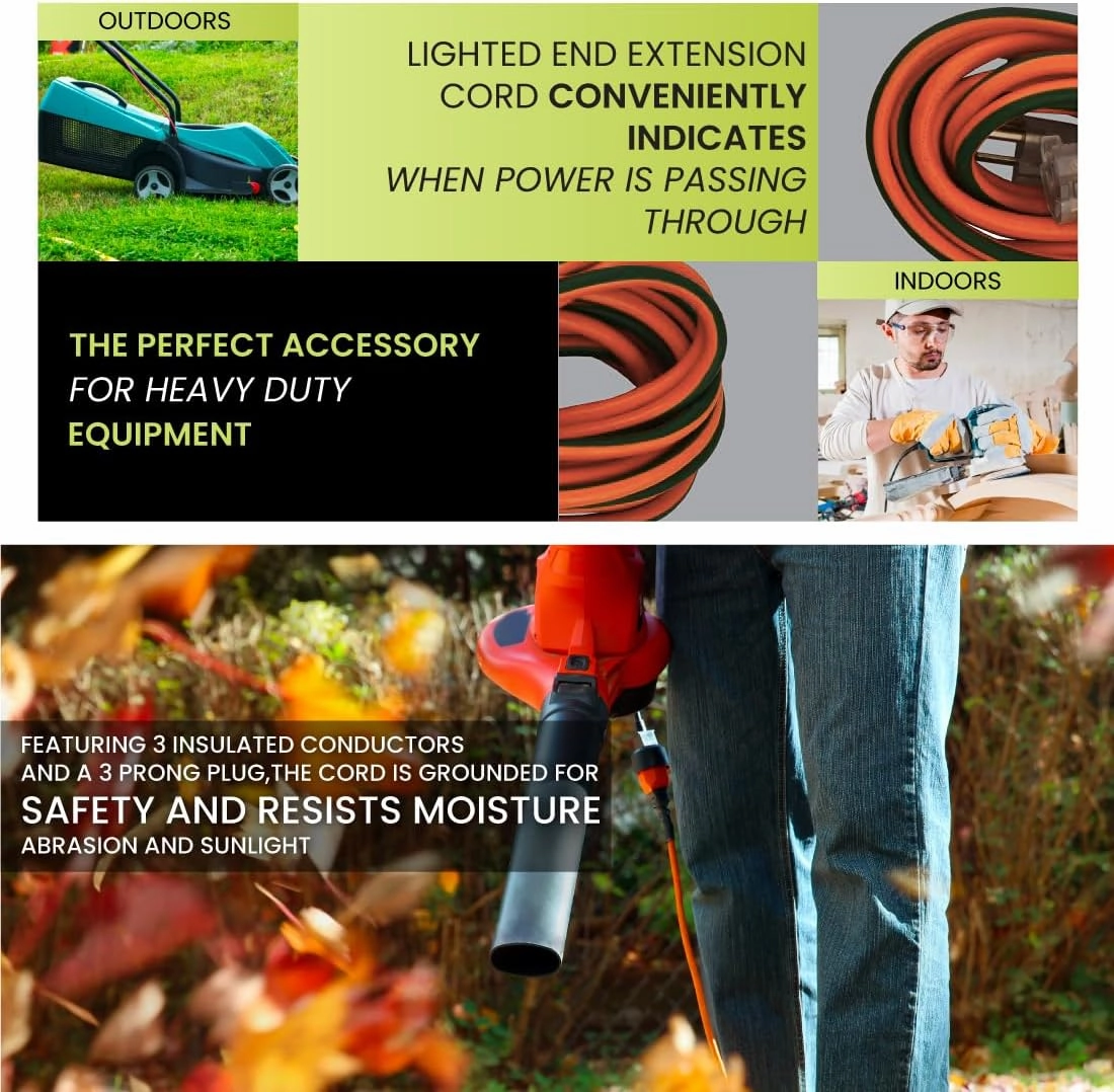 Go Green Power Inc. 16/3 25ft Outdoor Extension Cord with Lighted End - Contractor Grade, Durable, and Moisture Resistant - Ideal for Heavy Duty Tools - GG-13725