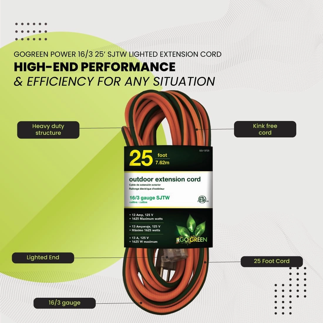 Go Green Power Inc. 16/3 25ft Outdoor Extension Cord with Lighted End - Contractor Grade, Durable, and Moisture Resistant - Ideal for Heavy Duty Tools - GG-13725