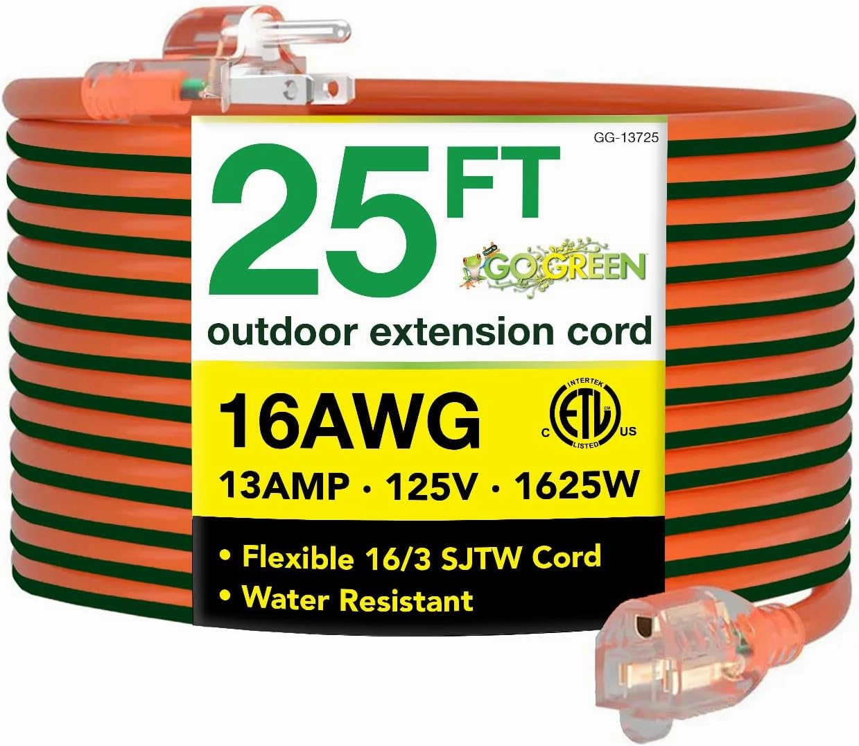 Go Green Power Inc. 16/3 25ft Outdoor Extension Cord with Lighted End - Contractor Grade, Durable, and Moisture Resistant - Ideal for Heavy Duty Tools - GG-13725 power cord,hi-fi power cable,AC power lead,