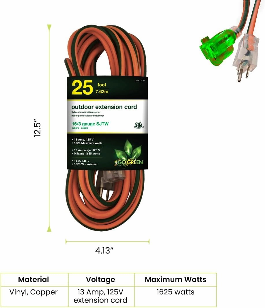 Go Green Power Inc. 16/3 25ft Outdoor Extension Cord with Lighted End - Contractor Grade, Durable, and Moisture Resistant - Ideal for Heavy Duty Tools - GG-13725