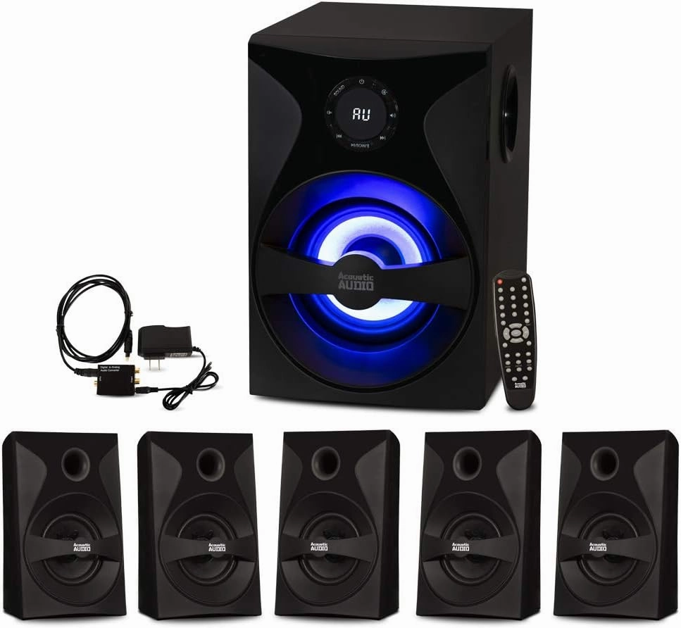 Goldwood Bluetooth 5.1 Surround Sound Home Theater Speaker System with LED Display, FM Tuner, USB/SD Inputs - 6-Piece Set with Remote Control, Black surround sound system,cinema audio kit,5.1 surround package,